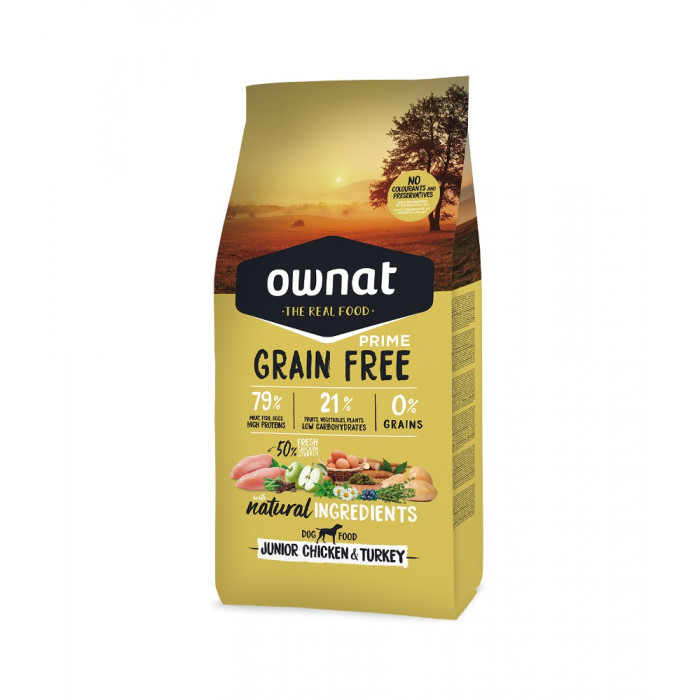 Croquettes OWNAT Sans céréales – Poulet & Dinde – Chiens JUNIORS (sac de 12 kilos)