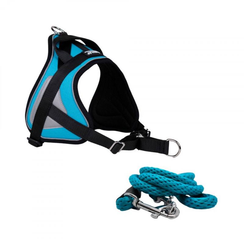 -10% Kit Sellerie – Harnais Reflex Bleu + Laisse Double Connexion ANIMALIN