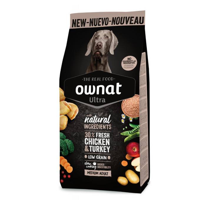 Lot Sac de croquettes OWNAT 12 kilos + 2 boîtes humides 395 g au poulet la 3e offerte