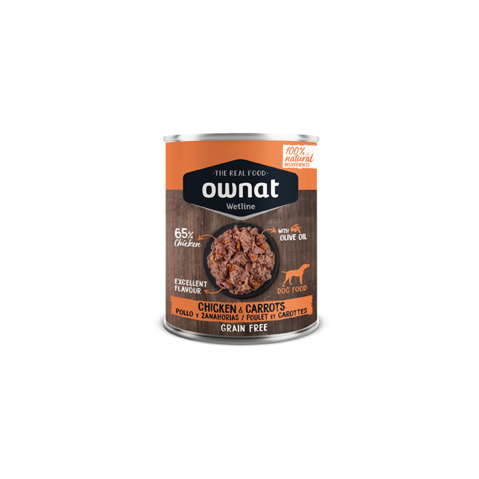 Lot Sac de croquettes OWNAT 12 kilos + 2 boîtes humides 395 g au poulet la 3e offerte