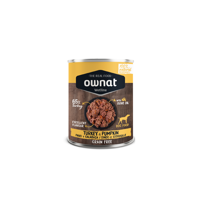 Lot Sac de croquettes sans céréales OWNAT 12 kilos + 2 boîtes humides 395 g à la dinde la 3e offerte