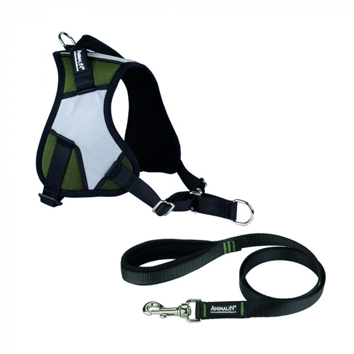 -10% Kit Harnais Animalin® REFLEX PLUS Kaki + Laisse Renforcée ANIMALIN 120 cm (4 tailles)